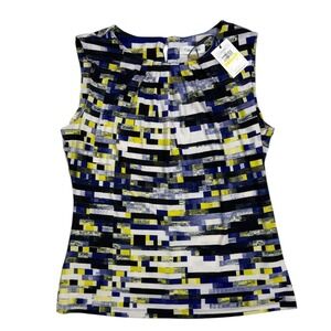 NWT Calvin Klein Sleeveless Blouse M Blue Yellow Geometric Pleated Office Mod
